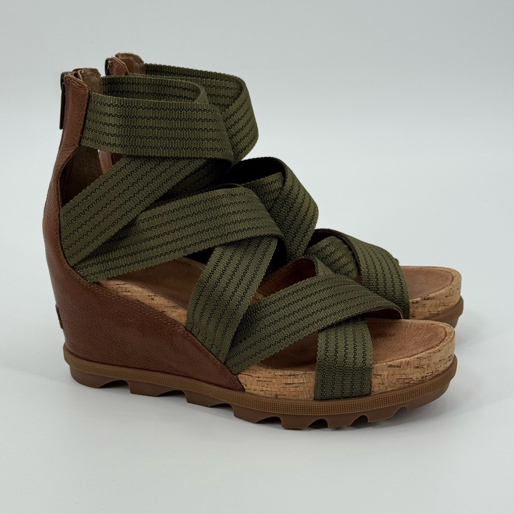 SOREL Joanie II Leather Modern Olive Green Wedge Heeled Sandal Stretch Straps - Picture 13 of 17